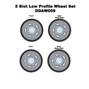 DDA 1/24 DDAW009 5 Slot Low Profile Wheels w/Tyres & Axles - Suits Slammed Models Holden HQ & HJ & Ford XW & XY Set of 4