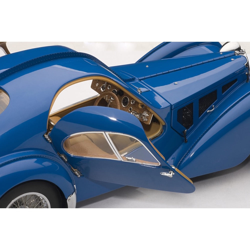 Autoart 70943 1 18 Bugatti 57sc Atlantic 1938 Blue With Metal Wire Spoke Wheels Metro Hobbies