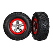 Traxxas 5887 2WD Rear SCT Off-Road Racing Tyres and SCT Chrome Red Beadlock Wheels dual profile (2.2 inch outer, 3.0 inch inner) TSM Rated Assembled and Glued 2pc