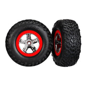 Traxxas 5887R 2WD Rear SCT Off-Road Racing (S1 Compound) Tyres and SCT Chrome Red Beadlock Wheels dual profile (2.2 inch outer, 3.0 inch inner) TSM Rated Assembled and Glued 2pc